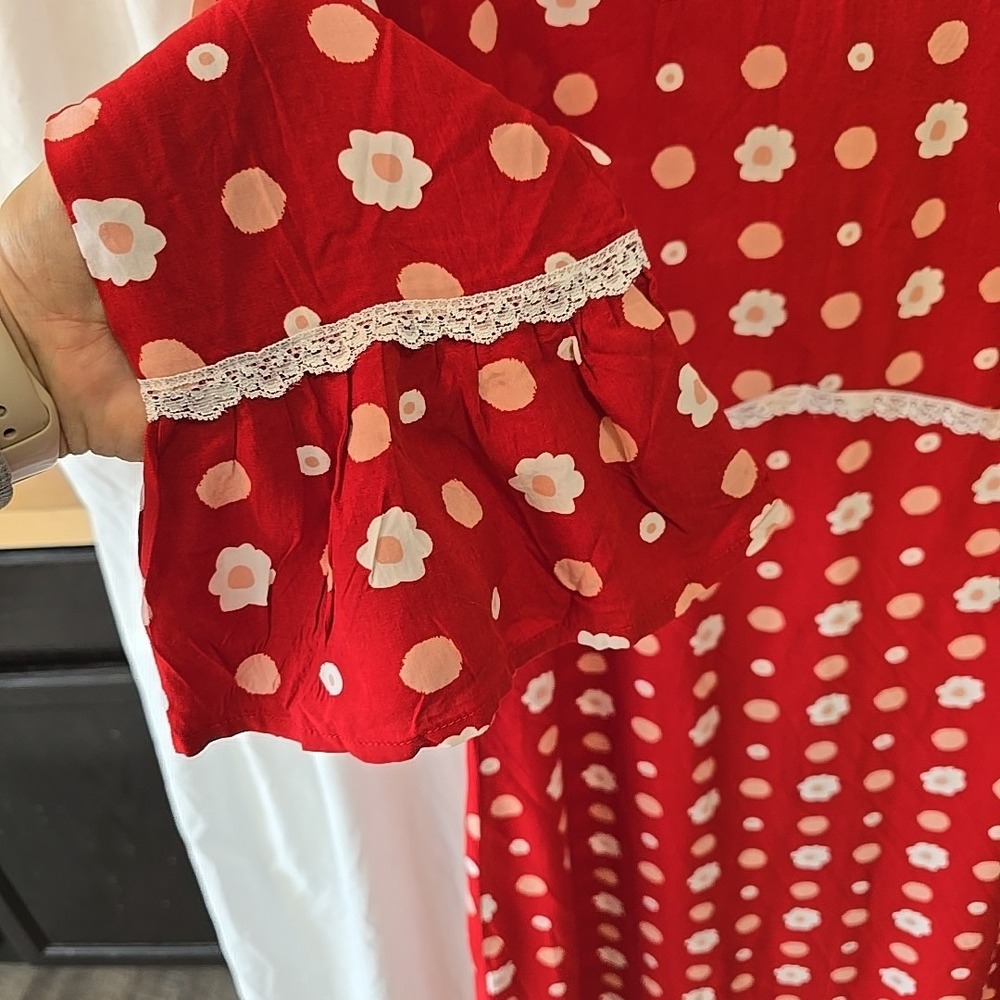 Red Polka Dot Midi Dress with Lace Trim - Picture 5 of 16